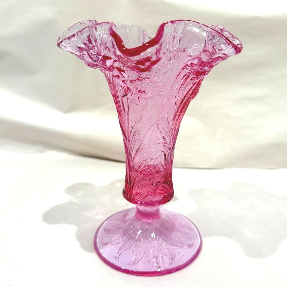 Fenton Empress Rose Pink Glass Vase Daffodil Embossed Ruffled Crimped Footed